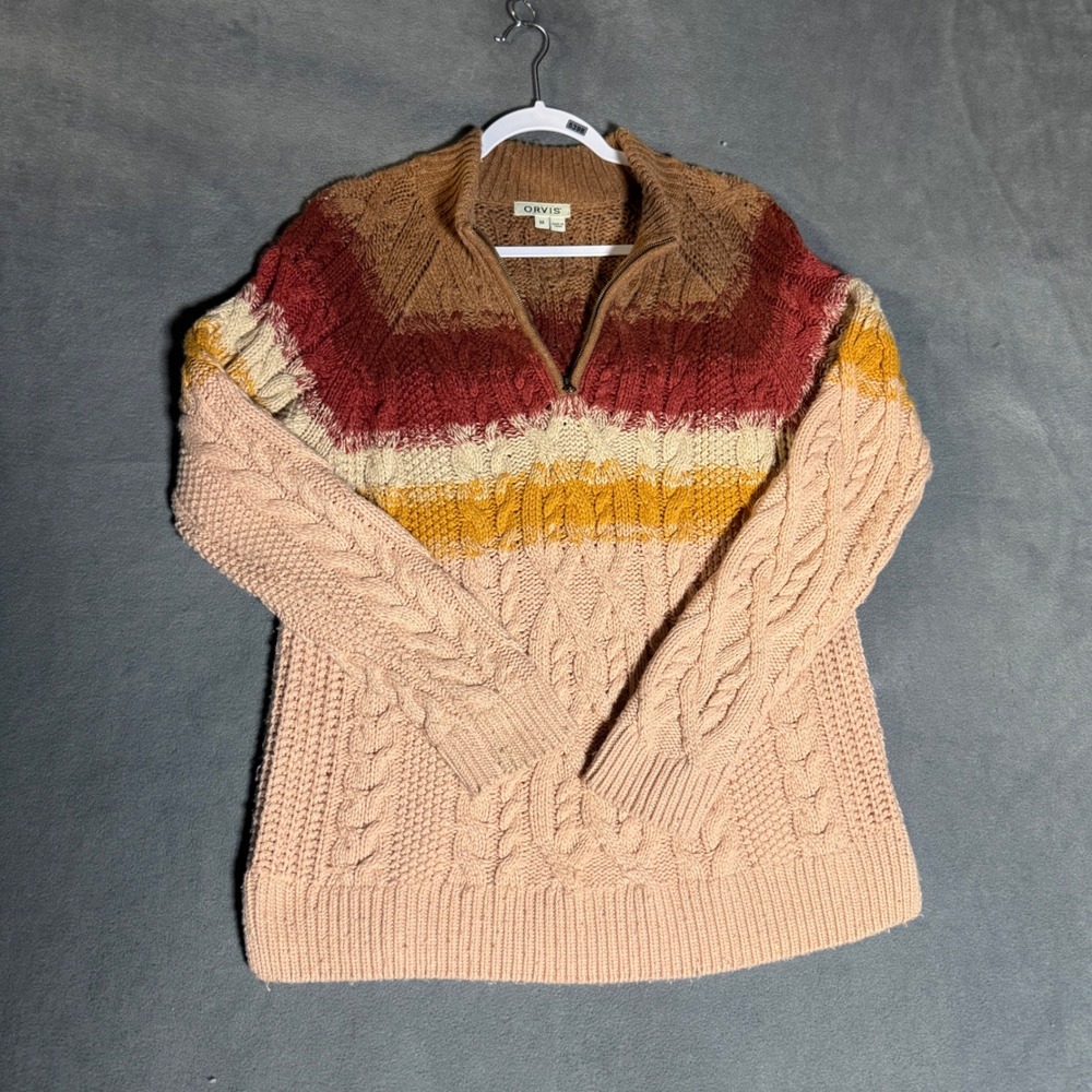 Orvis Womens Merino Wool Blend Cable Knit Quarter Zip Sweater Size M